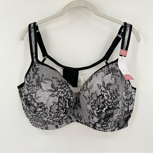 NWT Cacique 44DDD Lightly Lined Balconette Bra Faux Black White Lace - Picture 1 of 9